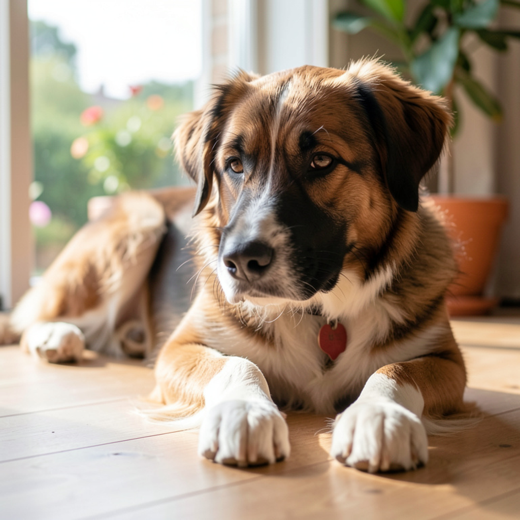 Berger allemand adulte en position d'arrêt dans une prairie au petit matin, lumière rasante, plan large sur le chien attentif