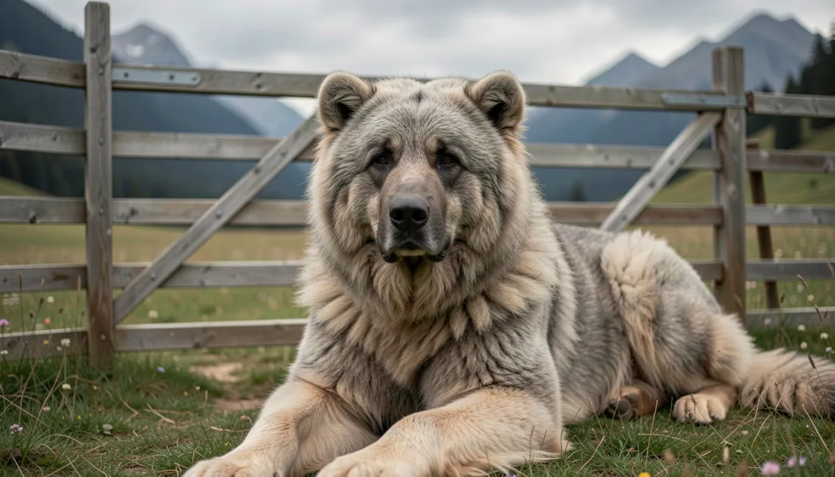 Grand chien de garde de troupeau au poil épais gris et fauve, couché devant une barrière en bois dans une prairie de montagne, regard calme et attentif