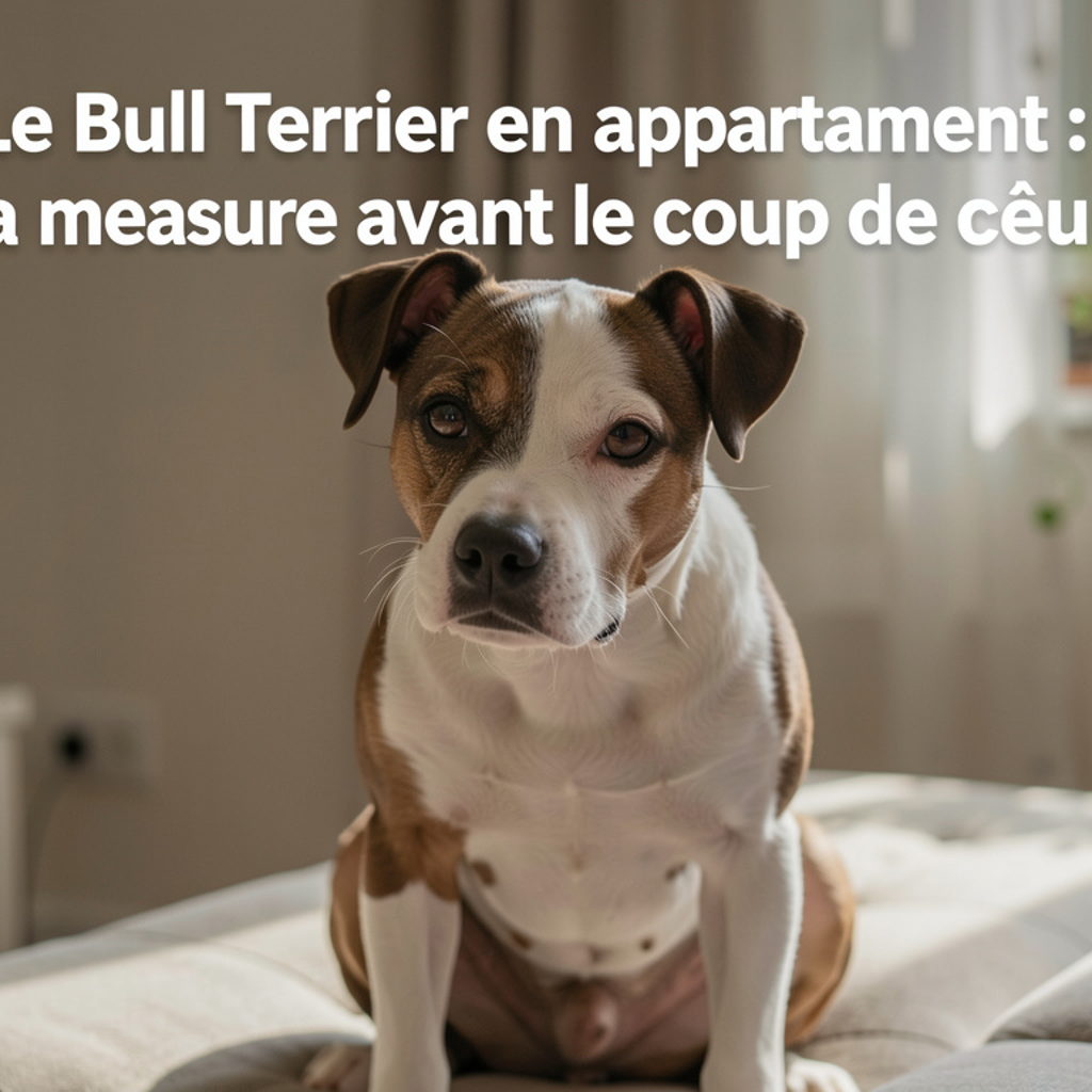 Bull terrier blanc couché sur un tapis dans un salon d'appartement, lumière de fenêtre, plan moyen sur le chien au repos