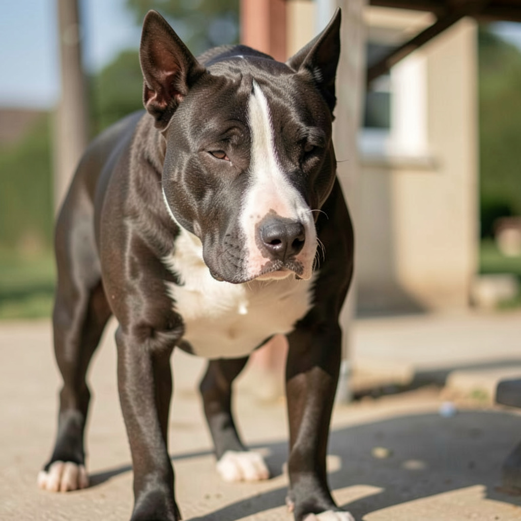 Bull terrier blanc trotant en laisse dans une rue commerçante, lumière de fin de matinée, plan à hauteur du chien