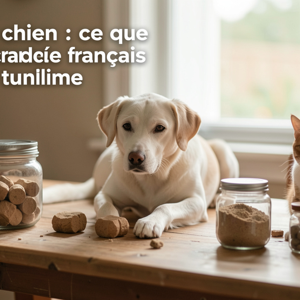 Flacon d'huile posé sur une table de cuisine à côté d'une gamelle de chien, lumière naturelle, plan rapproché sur le flacon