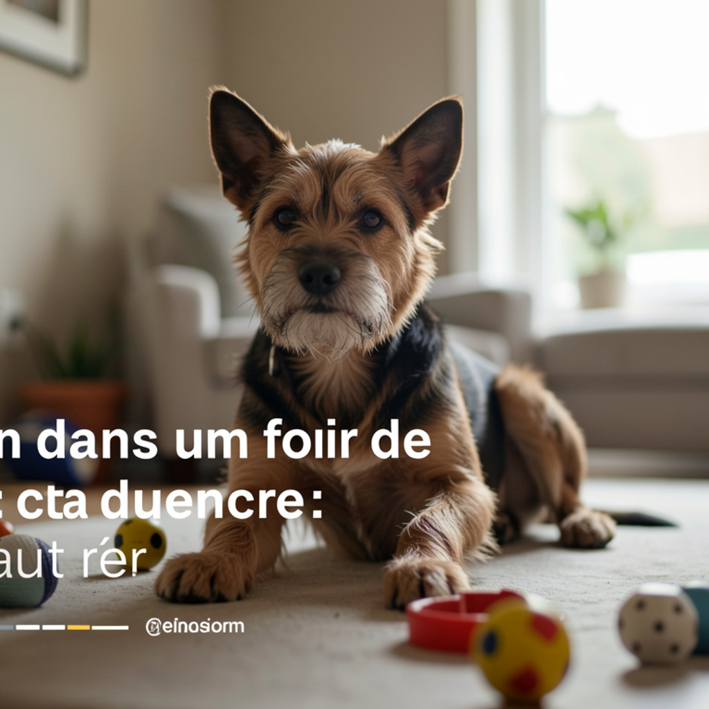 Chien couché sur un tapis à côté d'un fauteuil de bureau dans une pièce éclairée par un écran, soirée, ambiance tamisée