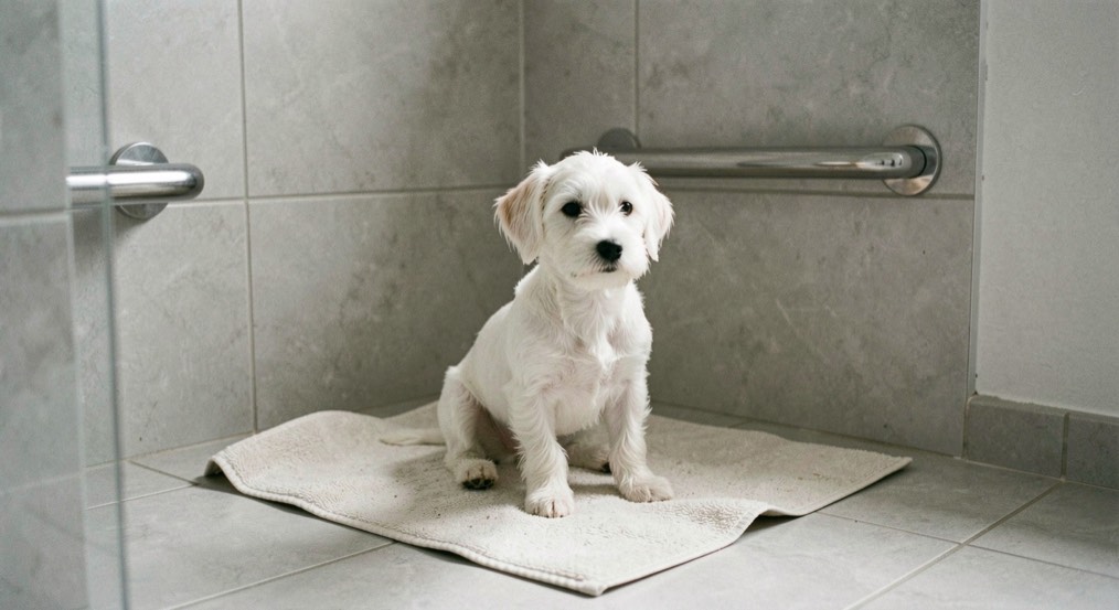 Un petit chien blanc assis sur un tapis de bain dans une douche carrelée de gris clair, avec une barre d'appui en inox fixée au mur