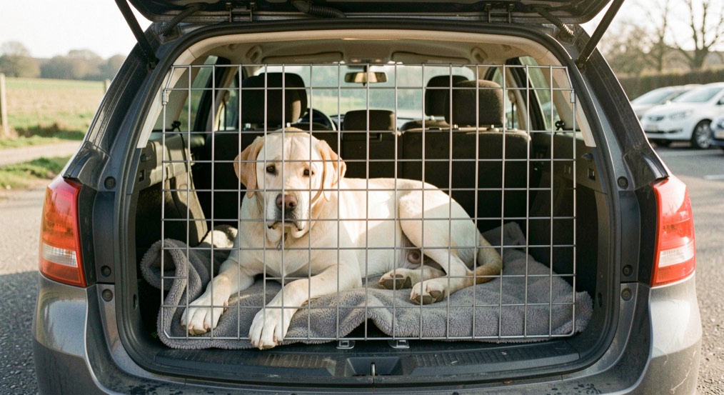 Un labrador crème couché sur une couverture grise dans le coffre ouvert d'un break, séparé de la banquette par une grille métallique, lumière du matin sur un parking de campagne