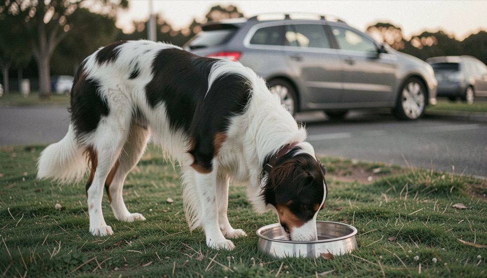 Un chien tricolore à poil long buvant dans une gamelle métallique posée sur l'herbe d'une aire de repos, voiture familiale garée derrière lui, fin d'après-midi