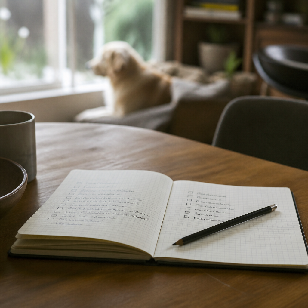 Un salon d'appartement en fin de journée, lumière douce par la fenêtre, un carnet ouvert sur une table basse avec une liste manuscrite de critères, un collier et une laisse posés à côté, aucun chien visible.