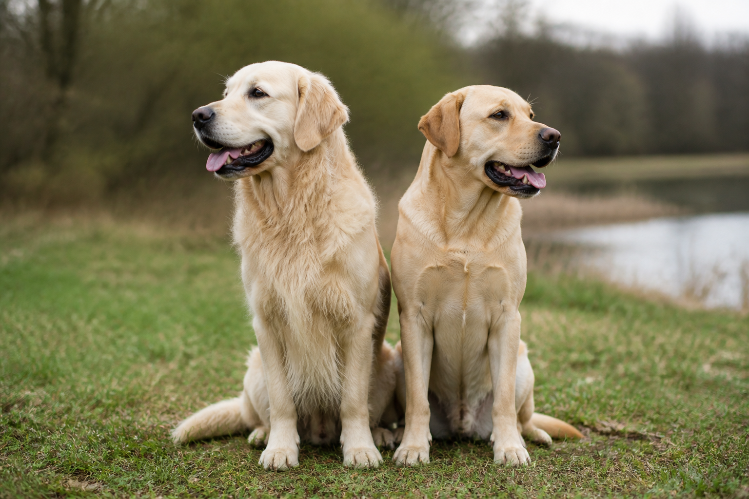 Un golden retriever à poil long crème et un labrador à poil court sable assis côte à côte dans l'herbe, vus de trois quarts, comparaison de silhouette