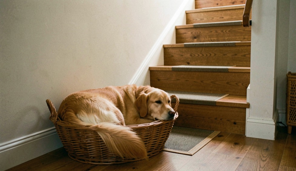 Un golden retriever allongé dans un panier en osier posé dans l'angle calme d'un séjour, loin de la porte, avec au fond un escalier en bois à bandes antidérapantes, lumière chaude de fin de journée