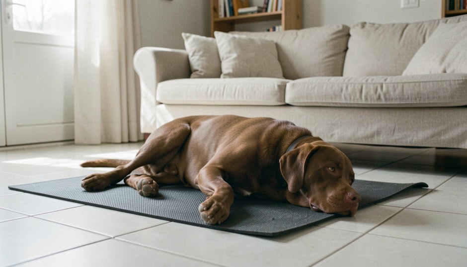 Un labrador chocolat couché sur un tapis antidérapant posé sur un carrelage clair dans un séjour lumineux, canapé en lin au second plan