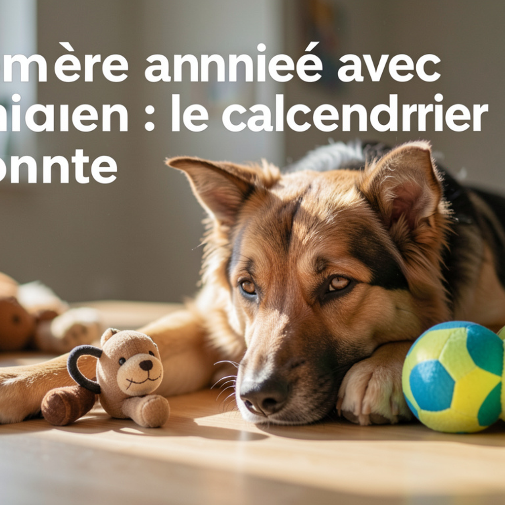 Chiot de trois mois assis dans une cuisine à côté d'une gamelle et d'un tapis éducateur, lumière naturelle de fenêtre, plan à hauteur du sol