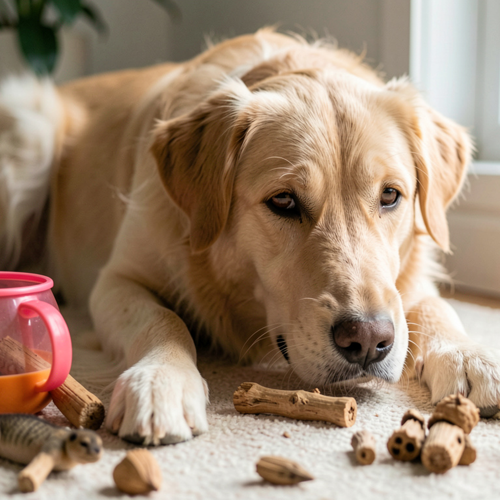 Mains d'une personne inspectant l'oreille d'un chien couché dans un salon, lumière naturelle douce, plan rapproché sur le geste